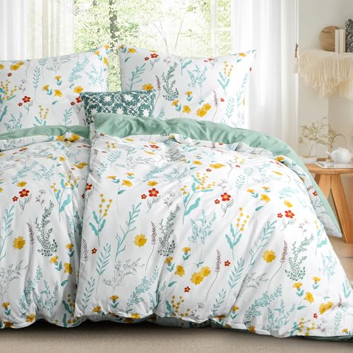 RUIKASI Bettwäsche 135x200 Blumen 4teilig - Salbei Grün Blumenmuster Bettbezug 135 x 200, Mikrofaser Floral Bettwäsche-Sets mit 2 Kissenbezügen 80x80cm Reißverschluss, Weich und Bügelfrei