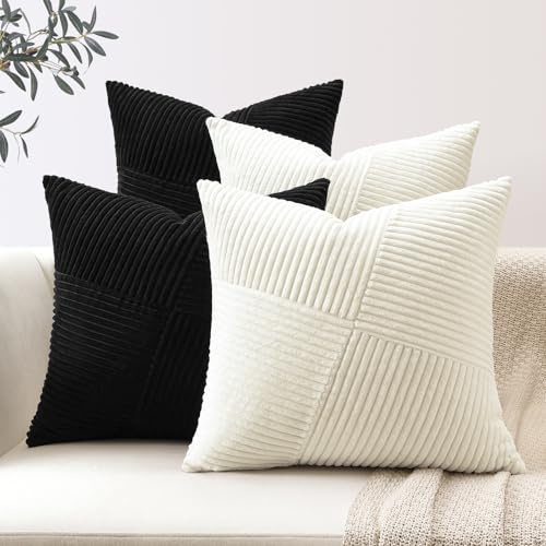Sungeek 4er Set Cord Kissenbezüge, Windmühle Streifen Kordsamt Kissenbezug Sofakissen Dekokissen Patchwork Design Deko Zierkissenbezüge Kissenhülle für Wohnzimmer (50x50cm, Schwarz Creme Weiß)