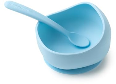 Muchmellow - Set Pappa Silicone MADE IN ITALY 2 Pezzi, Ciotola con Ventosa Anticaduta, Cucchiaio Morbido, Svezzamento, Plastic Free, BPA Free, Lavabile Lavastoviglie (Azzurro)