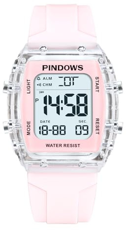 PINDOWS Orologio digitale sportivo da donna, cassa trasparente, luce LED luminosa, resistente all'acqua 5 atm, cronometro, sveglia, doppio fuso orario, orologio elegante per donne e ragazze attive