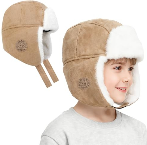 TAGVO Cappello Trapper Bambino con Paraorecchie – cap da Aviazione Termico in Finta Pelle & Pile per Ragazzi & Ragazze, Cappello Sci Antivento 4–10 Anni