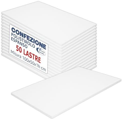 Sicignano Casalinghi Lastre Polistirolo Espanso 100x50x1 cm (50 Pezzi), Pannelli Sottili per Imballaggio, Protezione Oggetti, Decoupage e Rivestimenti Isolanti, Polistirene Bianco Facile da Tagliare