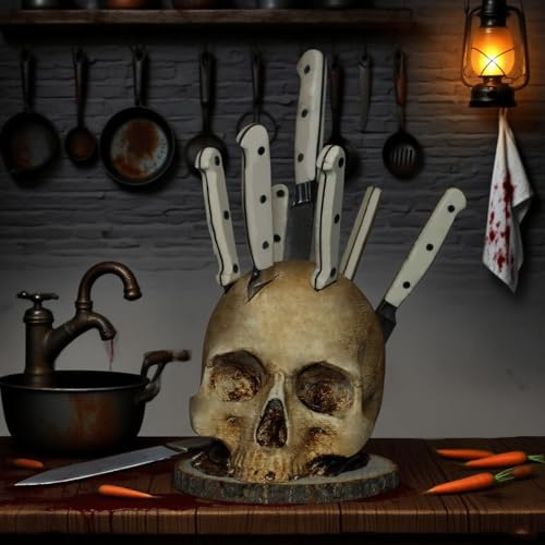 Homorro Squelette Halloween Porte Couteau Decoration Cuisine Décoration Interieur Crane Deco Skull Decorations Intérieure Tête de Mort Crâne Range Bloc Couteaux Cuisine