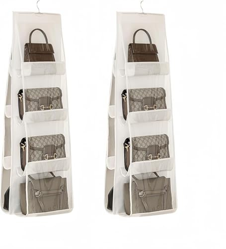 Grillix 2 Stück Handtaschen Aufbewahrung, Faltbarer Schrank Hängender Organizer, Handtaschen Organizer Mit 8 Transparenten Kunststofffächern und Stabilen Kleiderhaken(Weiß)