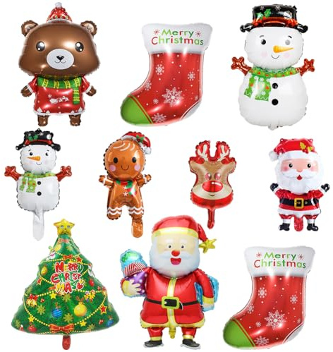 10 Pcs Christmas Balloon Set, Christmas Party Decorations, Santa Claus, Snowman, Gift Tree, Stockings, Christma Eve New Year'S Party Decorations and Arrangement