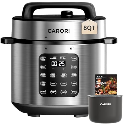 CARORI 9-in-1 Electric Pressure Cooker, 1000W Instant Multi-Cooker with IMD Touchscreen, Olla de Presion, Non-Stick Pot, Rice Cook, Slow Cook, Steamer, Sauté, Warmer, Safe Venting, Silver 8 Qt