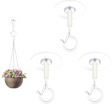 Briocht Heavy Duty Ceiling Hooks 3-Pack - No Drill Self-Adhesive Hooks for Hanging Plants, Wind Chimes, Bird Feeders & Outdoor Decor