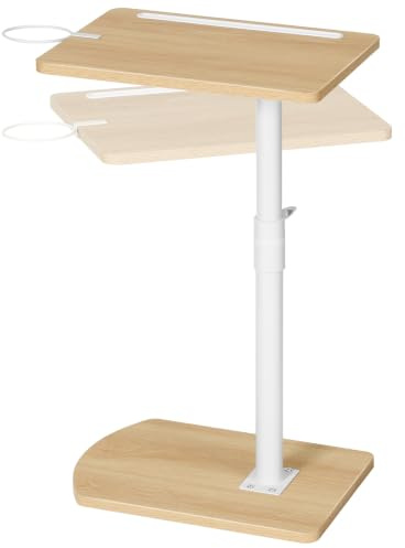 HOOBRO C-Form Beistelltisch Höhenverstellbar von 45,5-78 cm, 360° drehbarer Sofatisch mit Getränkehalter und Steckplatz, unter Sofa oder Bett verschiebbar, Weiß und Holzfarbe EWN34SF01