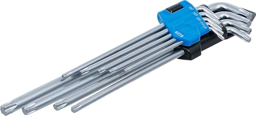 BGS 9375 | Winkelschlüssel-Satz | T-Profil (für Torx) T10 - T50 | 9-tlg. | Extra lange und extra kurze Seite | Klingenlänge kurz 17 - 39 mm, lang 90 - 230 mm | Klapphalter | Chrom-Vanadium-Stahl (S2)