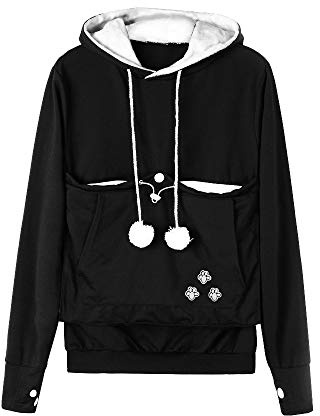 Dehots Damen Pullover Kapuzenpullover mit Katzen Hund Tasche Hundetasche Katze Sweatshirt Pulli Hoodie Kapuze Katzenpulli Beutel Langarm Herbst Winter große größen, Mit Velvet - Schwarz, Small
