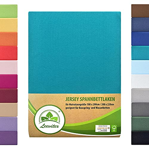Boxspringbett & Wasserbett Spannbettlaken von leevitex® | Spannbetttuch | Jersey 180 x 200-200 x 220 cm, 40cm Steghöhe 100% Baumwolle ca. 170 g/m² (Petrol/Smaragd Blau)