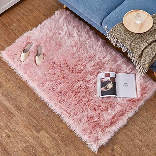YDFYX Lammfell Schaffell Teppich Kunstfell Dekofell in Super weich Lammfellimitat Teppich Longhair Fell Optik Nachahmung Wolle Bettvorleger Sofa Matte (Pink, 75 x 120cm)
