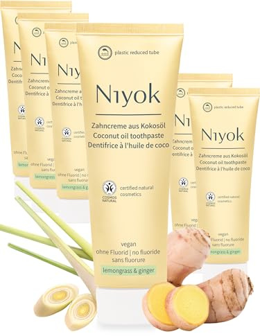 Niyok Zahncreme Zitronengras & Ingwer 6 x 75 ml | Fluoridfreie Zahnpasta mit Bio-Kokosöl, Xylit und Kreide in verschiedenen Geschmacksrichtungen für ein frisches Mundgefühl
