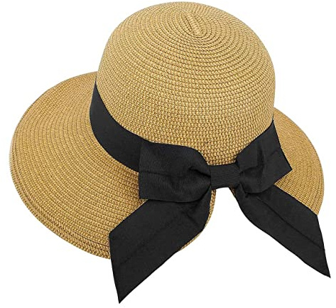 GizellMG Chapeau de Paille Pliable Panama de Plage Femme Capeline Solaire Chapeau Paille Solaire Anti UV Casquette élégant Noeud Satin 54-57cm