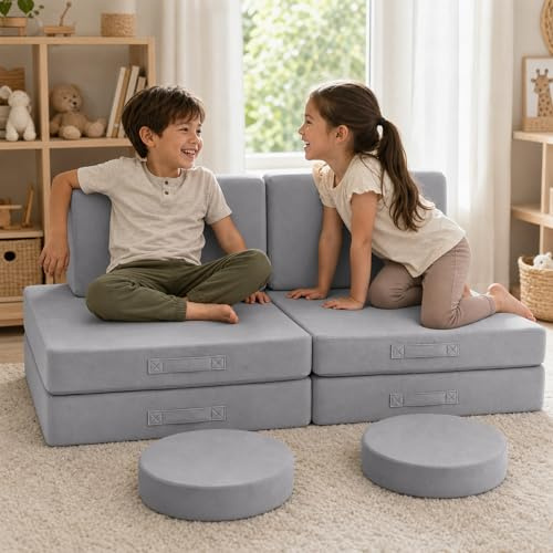 MeMoreCool Kids Play Couch, Modular Toddler Sofa Chair for Playroom, 8-Piece Fold Out Bed Baby Couch Play Set, Children Convertible Foam Sofa for Girls Boys, Grey