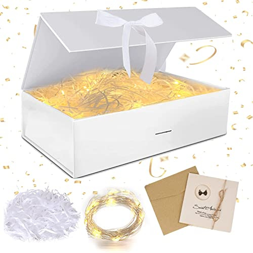 Geschenkbox mit Deckel, Geschenkbox mit Schleifen, Faltbare Geschenkboxs | Geschenkkarton mit Magnetisch, Grußkarten, Raffia Hamper Shreds, LED-Lichterkette, für Hochzeit Geburtstag Weihnachten