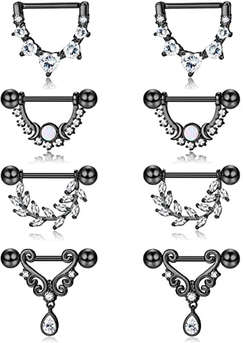 Kakonia - 4 pares de anillos para pezón de 0.49 oz para mujer, acero inoxidable 316L, corazón, lágrima, luna, estrella, hoja de ópalo, circonita cúbica, color negro