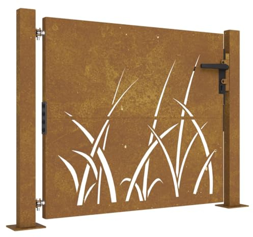 vidaXL Cancello da Giardino 105x80 cm in Acciaio Corten Design Erba, cancello in Metallo, cancello da Giardino Anteriore, cancello da Giardino con Serratura