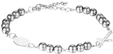 Flongo Rosenkranz Armband silber mit Kreuz Anhänger Benedikt Medaille Edelstahl Christlich Auto Arm Kette Perlen Rosary Bracelet Geschenk für Damen Herren