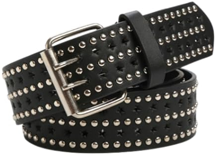NALANY Doppelzackiger Ledergürtel 3 Reihiger Rundnieten Nietengürtel Punk Rock Casual Jeans Gürtel Mit Doppelter, Pentagramm Löcher Riemen Mit Rollenschnalle 3.8cm Breit(110cm/43, Black)