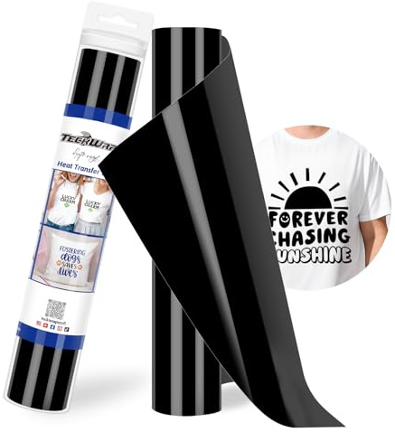TECKWRAP Heat Transfer Vinyl Black, 30.5 cm x 305 cm Black Iron On Vinyl for DIY Clothing, Shirts and Hats, Fabric Black HTV Vinyl Iron On, Compatible with Heat Press and Craft Cutting Machines