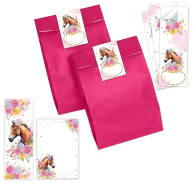 12 Lesezeichen + 12 Notizblöcke + 12 Geschenktüten (rosa) + 12 Aufkleber Pferd Mitgebselset Gastgeschenke für Kindergeburtstag Mädchengeburtstag