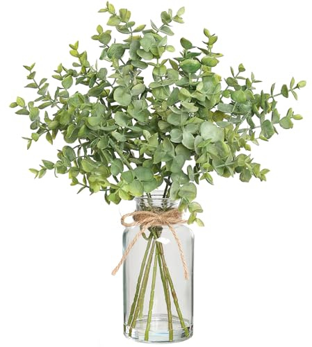 Zheart Fake Eucalyptus Stems in Glass Vase with Faux Water,14 Artificial Plants Eucalyptus Leaves for Shelf Desk Bathroom Farmhouse Room Coffee Table Home Decor (Sage Green)