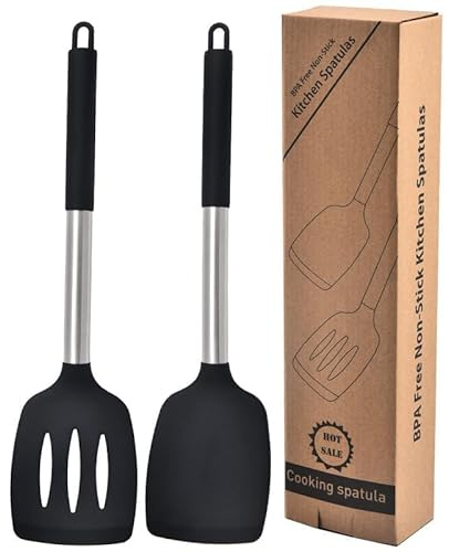 IMEEA Pfannenwender Set aus Silikon mit Schlitzen starker Edelstahlkern antihaftbeschichtet Spatula hitzebeständig Spachtel für die Küche 2 Stück(schwarz)