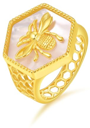 Bienenring Sechseck Gold Fett Honigbiene Siegelring Klobiger Ring Geometrischer Ring Perlmutt Statement Ring Größe 9