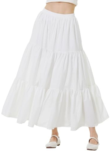 BEAUTELICATE Jupe À Étages en Pur Coton avec Dentelle Évasée A-Ligne Trapèze Boho Bohème Midi Maxi pour Femme Été Ville Potager Plage Blanc Cassé Noir