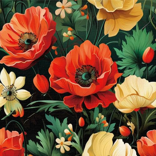 ANLIKY-Pro Self Adhesive Wallpaper Green Leaves Red & Yellow Flowers Peel and Stick Contact Paper, 44X300CM，Removable Decorative Film for Cabinet Furniture