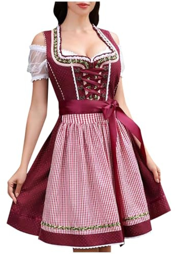 4 Teilig Dirndl Damen midi Trachtenkleid Damen Trachtenrock Trachtenmode Kleid Dirndlbluse für Oktoberfest Rot A1 Rot XXL