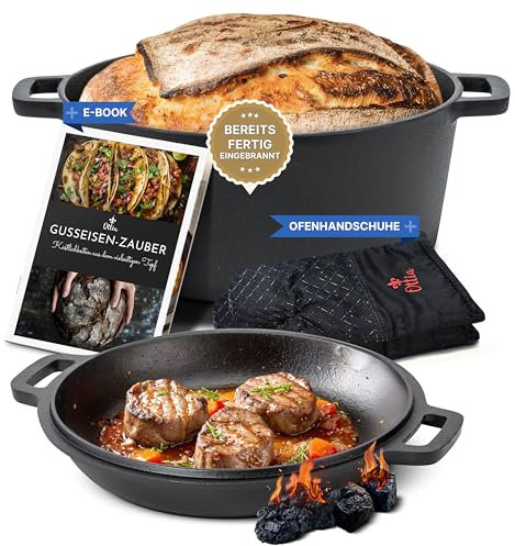 Ottia Gusseisen Topf, Deckel als Pfanne, Brot backen, Eintopf, Schmortopf, für Induktion, Gas, Camping, Feuer, BBQ, Grill, mit Rezeptbuch & Ofenhandschuhen, Händler aus HH