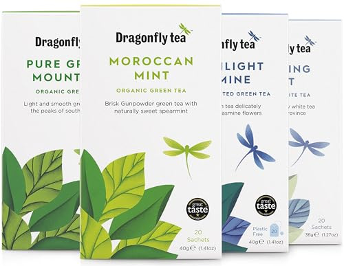 Dragonfly Tea Green Collection, 4x20 (80 Teabags) Organic Herbal Tea Selection Box, Gift Set, incl. 4 Distinct Flavours, For Women & Men