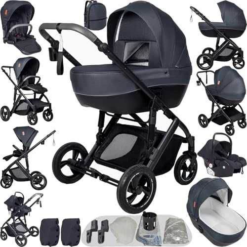 Prokoke Kinderwagen 4 in 1, Kinderwagen Set Einem Klick Faltbar, Kombikinderwagen 4 in 1 mit Umkehrbarem Zwei-Wege-Schub, Buggy Rahmen Aluminiumlegierung Baby Kleinkind Neugeborene (H2 Deep Grey)
