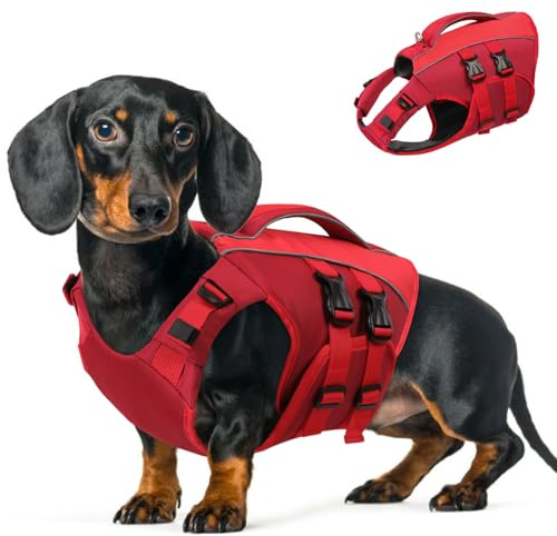 Queenmore XS Dog Life Jacket,Reflective Small Dog Life Vest for Swimming Boating，Adjustable Pet Life Vest for Extra Small Dogs with High Buoyancy,Safety Dog Swimming Vest with Handle(Red,XS)