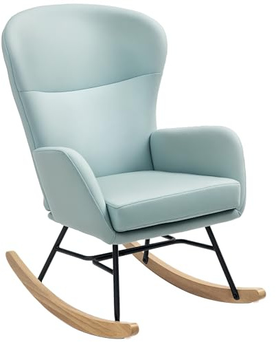 HOMCOM Mecedora Tapizada en Tejido Técnico Sillón Relax con Patas de Madera de Haya Respaldo con Diseño Curvo y Reposabrazos Mecedora para Lactancia Carga 150 kg para Dormitorio Salón Verde Claro