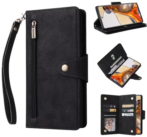 ESONG Fodral för Xiaomi POCO M7 Pro/Redmi Note 14 5G,Stötsäkert Magnetiskt mobilfodral flip-fodral,Premium PU-läder plånbok telefonfodral med korthållare/stöd/handledsrem,360Skydd -svart
