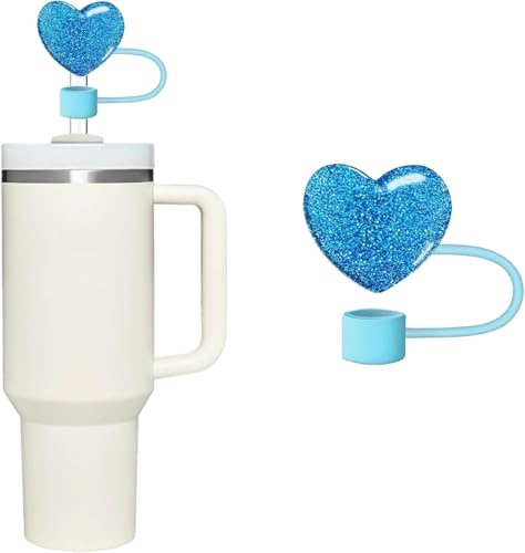 Blue Bling Hearts Cover for Stanley 40&30 Oz Cup, 10mm Silicone Covers Cap for Stanley Cup Accessories, Cap Stopper for Reusable Straws