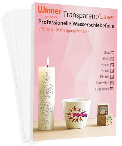 WinnerTransfer A4 x 15, laser vattenglidande film (transparent), ljuscellatoos, vattenglidpapper – vattenöverföringsfolie, för leksaksmodeller, koppar, keramik, glas, plast (D-WT-8-15-ny)
