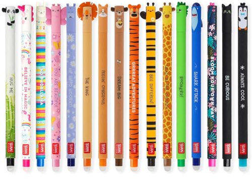 LEGAMI - Set of 16 Erasable Gel Pens with Thermosensitive Erase Ink, 0.7mm Tip, Animal Designs'