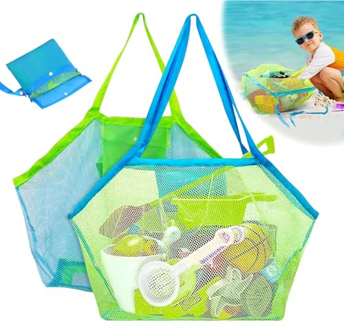 2 Stk Strandtasche Langlebig Faltbar, Strandspielzeug Tasche Groß,Netztasche Sandspielzeug Netz, Strandspielzeug Tasche mit Verstärktem Netze, Mesh Beach Bag für Familie Urlaub, Strandurlaub im Freien