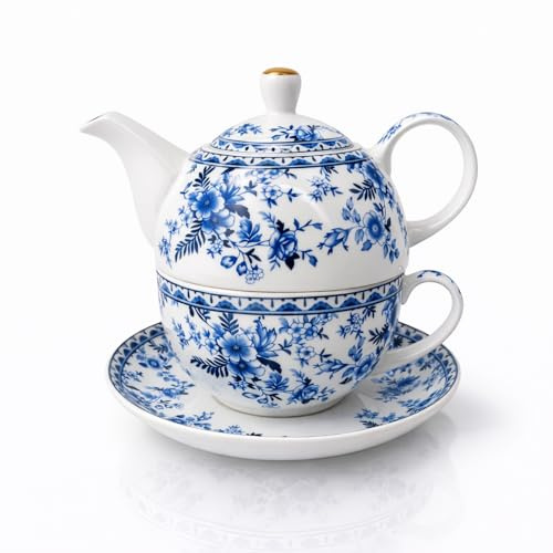 AHKALVTE Porcelain Tea for One Set Beautiful Flower Ceramic Teapot with Cup Gifted Box (Blue and White)