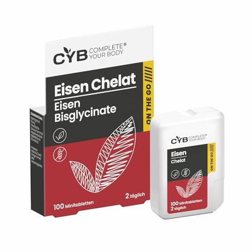 CYB ON THE GO Minitabletten, 100 x sehr kleine, leicht verdauliche Tabletten im praktischen Spender – Eisen 14mg – Bildung roter Blutkörperchen, Verringerung von Müdigkeit und Erschöpfung