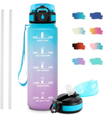 JAPORIA Borraccia 1L, senza BPA, Bottiglia Acqua A Prova di Perdite, Bottiglia Riutilizzabile, Borraccie con Cannuccia e Marcatori Temporali, Borraccia Motivazionale per Campeggio, Scuola, Ufficio