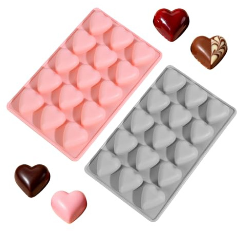 2 PCS 15-Cavity Heart Silicone Moulds - Multi-Use Chocolate Mould, Jelly Mould, Wax Melts Moulds,Ice Cube Tray for Valentine's Day Candy, DIY Resin, Baking & Dessert Decoration