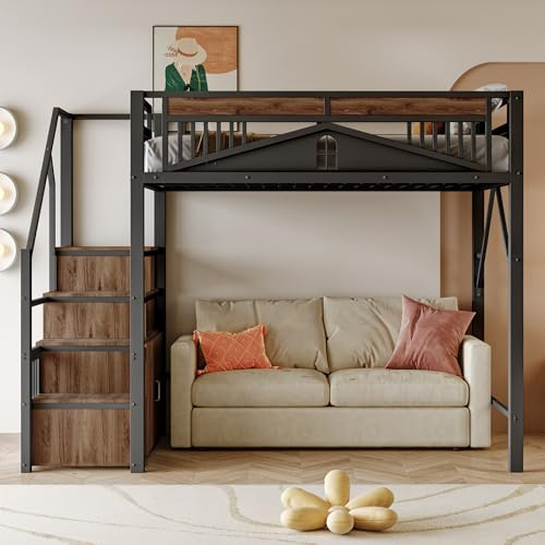 Idemon Cama alta de metal de 140 x 200 cm con carcasa de seguridad y espacio de almacenamiento, resistente litera con ventana, escalera de seguridad y capacidad de carga de 120 kg para adultos y