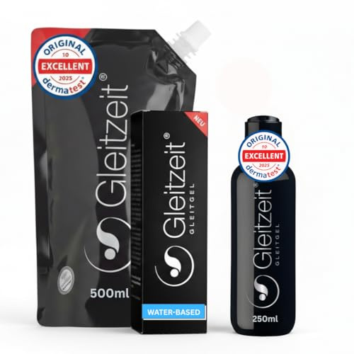 Gleitzeit® Gleitgel Wasserbasiert Set, Dermatologisch, sensitiv, kondomsicher, Intimgel ohne Zusatzstoffe, 250ml + 500ml Nachfüllpack