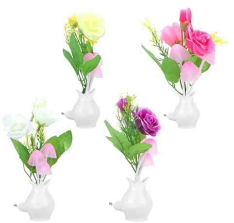 Luxshiny Set de 4 Lámparas LED Enchufables Luz Nocturna de Flores y Diseño de Hongos, Control Inteligente y Base Colorida para Habitación de Ñiño y Guardería Color Aleatorio