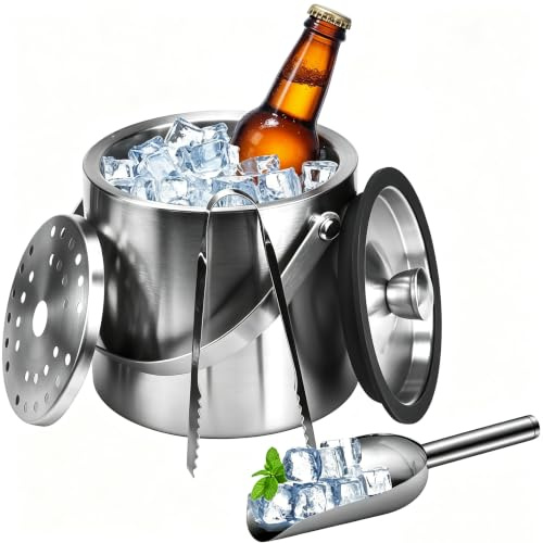 Linzerry 1,6L Eiswürfelbehälter Edelstahl Eiswürfelkühler Silber Eiskühler mit Deckel Zange Sieb Schaufel Eisbehälter Doppelwandiger Isolierter Eiswürfel Kühler für Bier Früchten Champagner Getränke